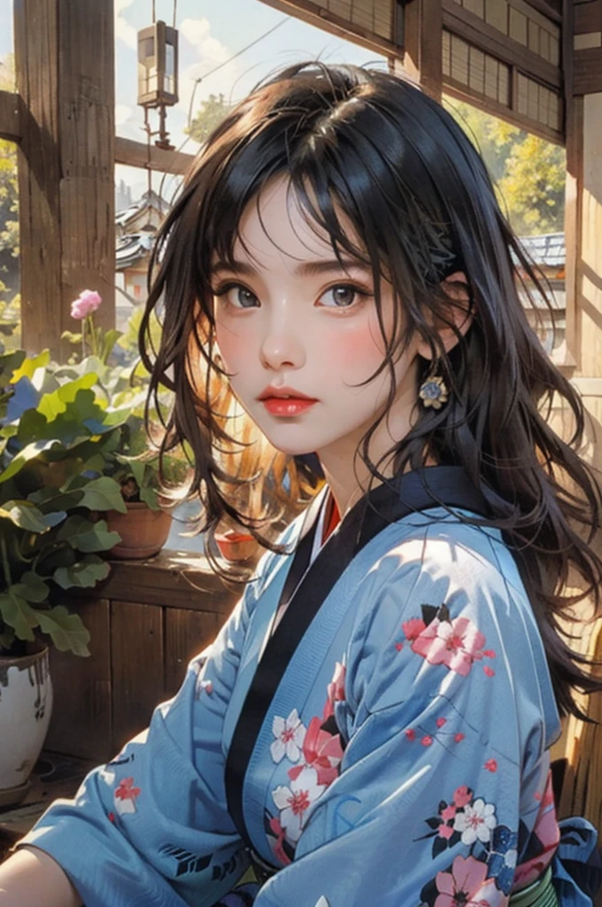 (highest quality、8k、32k、masterpiece)、(masterpiece, up to date,Exceptional:1.2), Anime, One girl,Front hair,black_hair, Beautiful 8k eyes,Looking_in_Audience,One person in,Are standing,((Very beautiful woman, Fuller lips, Japanese pintern kimono))、((Colorful Japanese kimono)))、(((Medium Shot)))、Blunt bung、(High resolution)、Very beautiful face and eyes、1 girl 、Round and small face、Narrow waist、delicine body、(highest quality high detail Rich skin details)、(highest quality、8k、Oil paints:1.2)、Very detailed、(Realistic、Realistic:1.37)、Bright colors、(((blackhair)))、(((longhair)))、(((cowboy pictures)))、((( Inside an old Japanese house)))、(masterpiece, highest quality, highest quality, Official Art, beautifully、aesthetic:1.2), (One girl), Very detailedな,(Fractal Art:1.3),colorful,Most detailed,Sengoku period(High resolution)、Very beautiful face and eyes、1 girl 、Round and small face、Tight waist、Delicine body、(highest quality high detail Rich skin details)、(highest quality、8k、Oil paints:1.2)、(Realistic、Realistic:1.37)、Greg Rutkowski Written by Alphonse Mucha Ropp, sun lips
