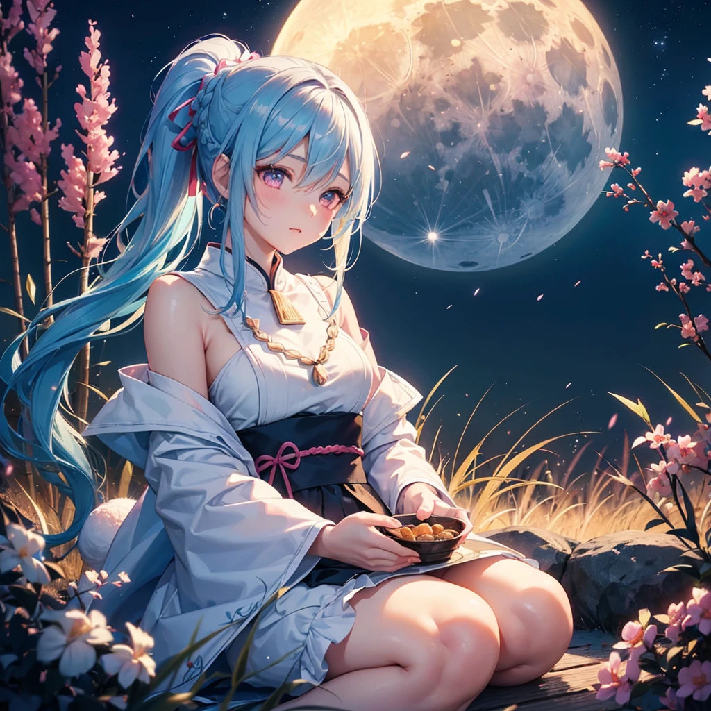 Sky blue hair, (Braided Ponytail:1.2), Pink eyes,Fair skin ,(whole body),(One Girl),Tsukimi,(White sweet dumplings ),White round dumplings,Japanese pampas grass,(beautiful, Full moon shining in the night sky),(masterpiece, Highest quality, Very detailed, Best Shadow), (Detailed Background), (Beautifully detailed face), High Contrast, (Best lighting, Very delicate and beautiful), ((Cinematic Light)), colorful, Hyper Detail,8k, Dramatic Light, Intricate details,Sit and eat dumplings while watching the moon,(Shadow of a rabbit on the moon),mysterious