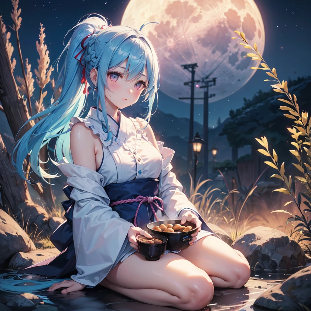 Sky blue hair, (Braided Ponytail:1.2), Pink eyes,Fair skin ,(whole body),(One Girl),Tsukimi,(White sweet dumplings ),White round dumplings,Japanese pampas grass,(beautiful, Full moon shining in the night sky),(masterpiece, Highest quality, Very detailed, Best Shadow), (Detailed Background), (Beautifully detailed face), High Contrast, (Best lighting, Very delicate and beautiful), ((Cinematic Light)), colorful, Hyper Detail,8k, Dramatic Light, Intricate details,Sit and eat dumplings while watching the moon,(Shadow of a rabbit on the moon),mysterious