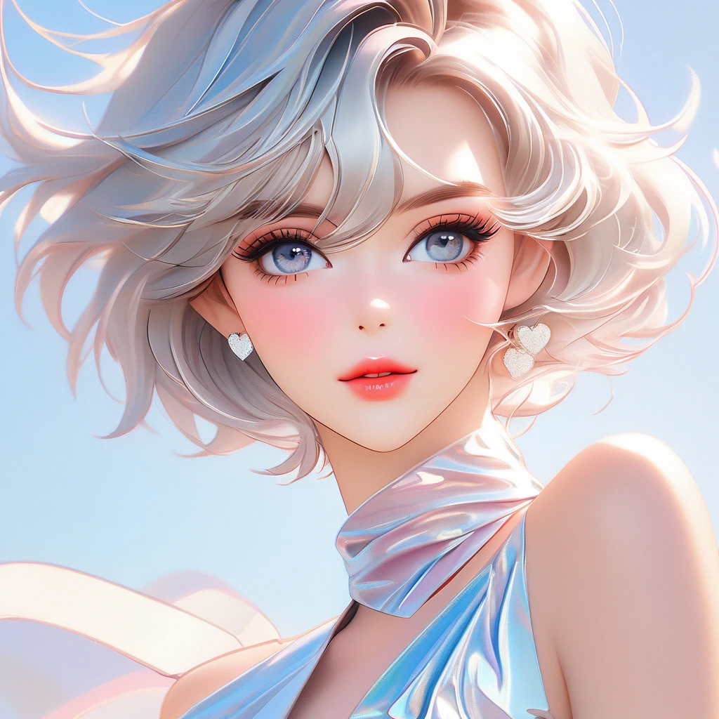 best image quality, fashion magazine cover, pastel color theme, beautiful face and skin, (1 adult female), cleavage, thin face, short cut hair, blown by the wind, silver hair, glossy lipouth tightly closed))、shining eyes, slanted eyes, model pose, focus on the whole body,detailed pattern,bikini, choker, heart background,