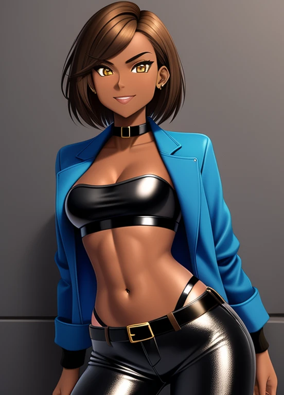 high quality, extremely detailed, perfect face, 1girl, solo, 26 years old, tomboy, (shiny skin), midriff, (tan-bronze skin), (Yellow colored irises), short brown hair, medium breasts, (Cleavage), (Wearing: blue jacket, choker, Strapless black top, Belt, Black shiny leather pants), tight fitting clothing, piercings, toned, hourglass figure, athletic, snarky expression, wide smile, at rave, nightclub,
