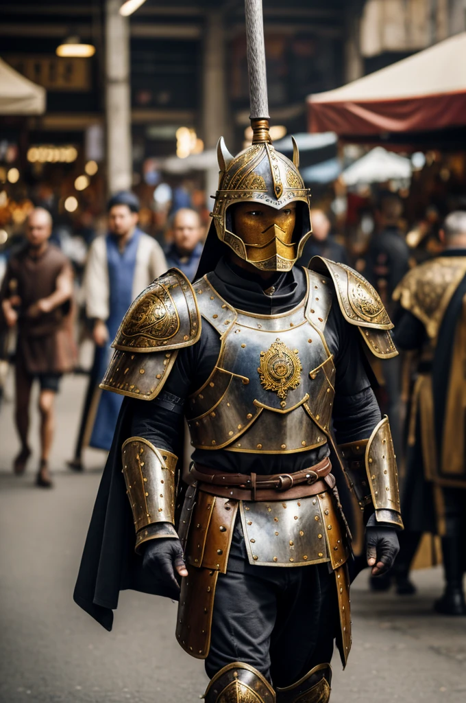 An anthropomorphic dog warrior, wearing old style leather armor with the royal signet, in a huge market. The people walking past him are blurred, he is static. He maintains intense eye contact with the camera.