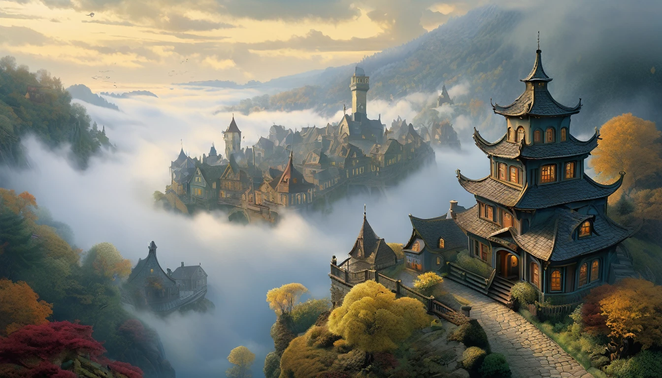 mist, Written by Thomas Kinkade, Aaron Wiesenfeld、Beksinki、Adrian Eversen、Geodiminus plankevicius、Escher, Intricately sophisticated textures, Matte Painting Details, Deep color, wonderful, Intricate details