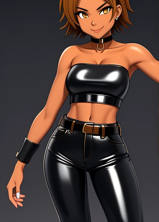 high quality, extremely detailed, perfect face, 1girl, solo, 26 years old, tomboy, (shiny skin), midriff, (tan-bronze skin), (Yellow colored irises), short brown hair, medium breasts, (Cleavage), (Wearing: blue jacket, choker, Strapless black top, Belt, Black shiny leather pants), tight fitting clothing, piercings, toned, hourglass figure, athletic, snarky expression, wide smile, at rave, nightclub,