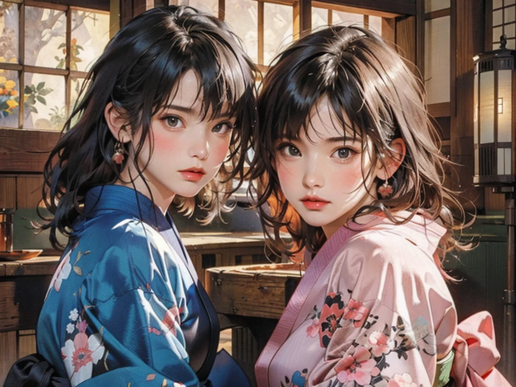 (highest quality、8k、32k、masterpiece)、(masterpiece, up to date,Exceptional:1.2), Anime, One girl,Front hair,black_hair, Beautiful 8k eyes,Looking_in_Audience,One person in,Are standing,((Very beautiful woman, Fuller lips, Japanese pintern kimono))、((Colorful Japanese kimono)))、(((Medium Shot)))、Blunt bung、(High resolution)、Very beautiful face and eyes、1 girl 、Round and small face、Narrow waist、delicine body、(highest quality high detail Rich skin details)、(highest quality、8k、Oil paints:1.2)、Very detailed、(Realistic、Realistic:1.37)、Bright colors、(((blackhair)))、(((longhair)))、(((cowboy pictures)))、((( Inside an old Japanese house)))、(masterpiece, highest quality, highest quality, Official Art, beautifully、aesthetic:1.2), (One girl), Very detailedな,(Fractal Art:1.3),colorful,Most detailed,Sengoku period(High resolution)、Very beautiful face and eyes、1 girl 、Round and small face、Tight waist、Delicine body、(highest quality high detail Rich skin details)、(highest quality、8k、Oil paints:1.2)、(Realistic、Realistic:1.37)、Greg Rutkowski Written by Alphonse Mucha Ropp, sun lips