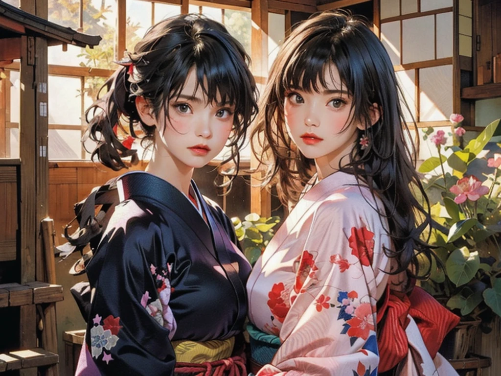 (highest quality、8k、32k、masterpiece)、(masterpiece, up to date,Exceptional:1.2), Anime, One girl,Front hair,black_hair, Beautiful 8k eyes,Looking_in_Audience,One person in,Are standing,((Very beautiful woman, Fuller lips, Japanese pintern kimono))、((Colorful Japanese kimono)))、(((Medium Shot)))、Blunt bung、(High resolution)、Very beautiful face and eyes、1 girl 、Round and small face、Narrow waist、delicine body、(highest quality high detail Rich skin details)、(highest quality、8k、Oil paints:1.2)、Very detailed、(Realistic、Realistic:1.37)、Bright colors、(((blackhair)))、(((longhair)))、(((cowboy pictures)))、((( Inside an old Japanese house)))、(masterpiece, highest quality, highest quality, Official Art, beautifully、aesthetic:1.2), (One girl), Very detailedな,(Fractal Art:1.3),colorful,Most detailed,Sengoku period(High resolution)、Very beautiful face and eyes、1 girl 、Round and small face、Tight waist、Delicine body、(highest quality high detail Rich skin details)、(highest quality、8k、Oil paints:1.2)、(Realistic、Realistic:1.37)、Greg Rutkowski Written by Alphonse Mucha Ropp, sun lips