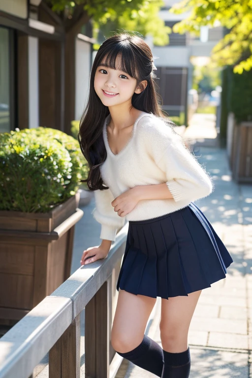 (((masterpiece))), (((Full body photo)))， (Beautiful Japanese Girl, Innocence，cute) ，Ultra-high resolution, Realistic, Ultra-detailed, 8k,Highest quality, Very detailed, Detailed Background,Slender,とてもBeautiful Japanese Girl, Detailed face:1.3), (Fluffy long hair,Black-haired :1.4), (Baby Face，cute系,Adorable 12 year old girl), (Perfect body:1.1),，Cute Smile:、show me your beautiful teeth、非常にDetailed face、Detailed lips、Detailed eyes、 gravure idol，Clear Skin、Realistic:1.37，No makeup，Neutral lighting,(Highest quality, masterpiece), (One girl, alone, school uniform,Navy blue jumper skirt,,Are standing , View your viewers, Beautiful clavicle、have a paperback book、Mouth closed, Upper Body),(at the library)