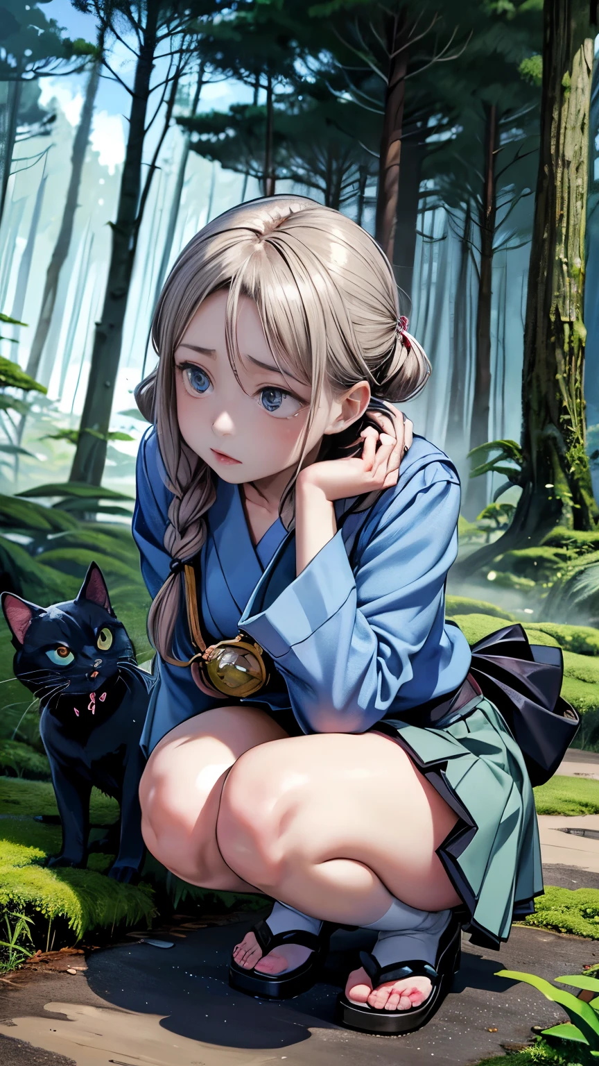 Maria Rabinky, Kay Sage, Minoru Nonaka, Erwin Puchinger, Tatsuki Fujimoto, Surrealism, wonder, strange, bizarre, fantasy, Sci-fi, Japanese anime, a walk through the forest architecture of visual symbolism, a miniskirt beautiful high school girl and her guide cat, perfect voluminous body, low high angles perspectives detailed masterpiece