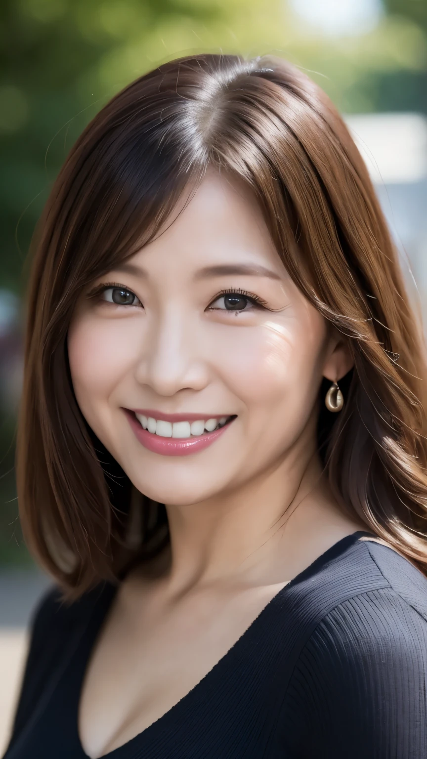 最high quality, In 8K, whole body, Real, Upper Body, high quality, High resolution, Detailed face, Detailed eyes, Thick lips, (Look at the viewers), alone, Middle-aged women, , 60 years old, , Wavy Hair, , Wearing short sleeves, Standing in the park, Wrinkles around the eyes, Smiling with teeth showing, Background Blur