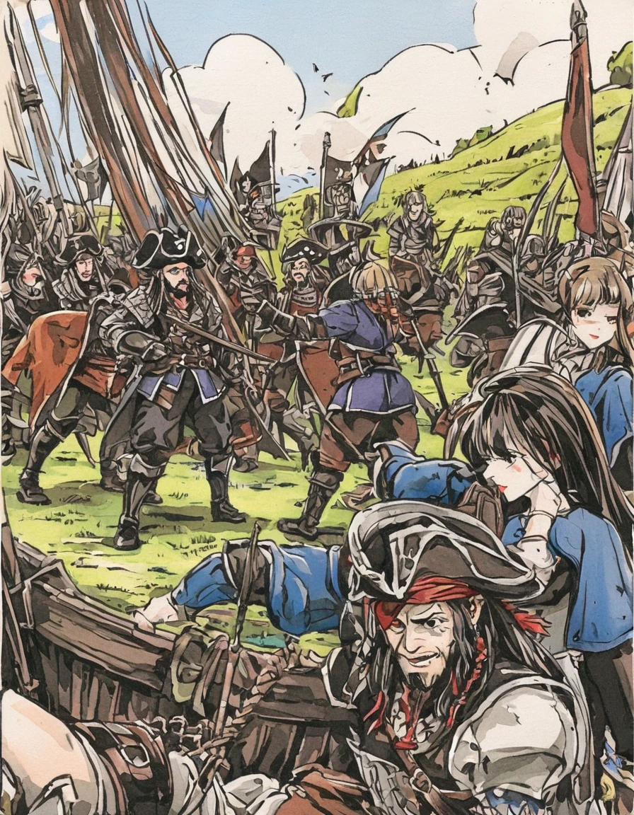 Medieval European fantasy, pirate war, poorly drawn but cute art, vintage comic book, EdobHorrorLandscape