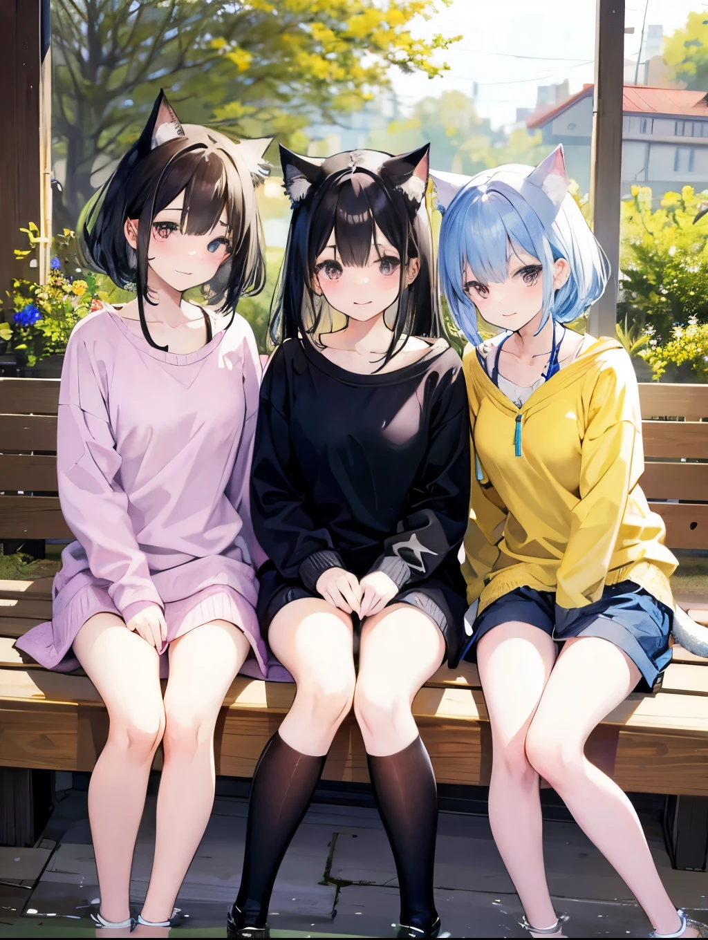 Three adorable cat girls, casual clothing