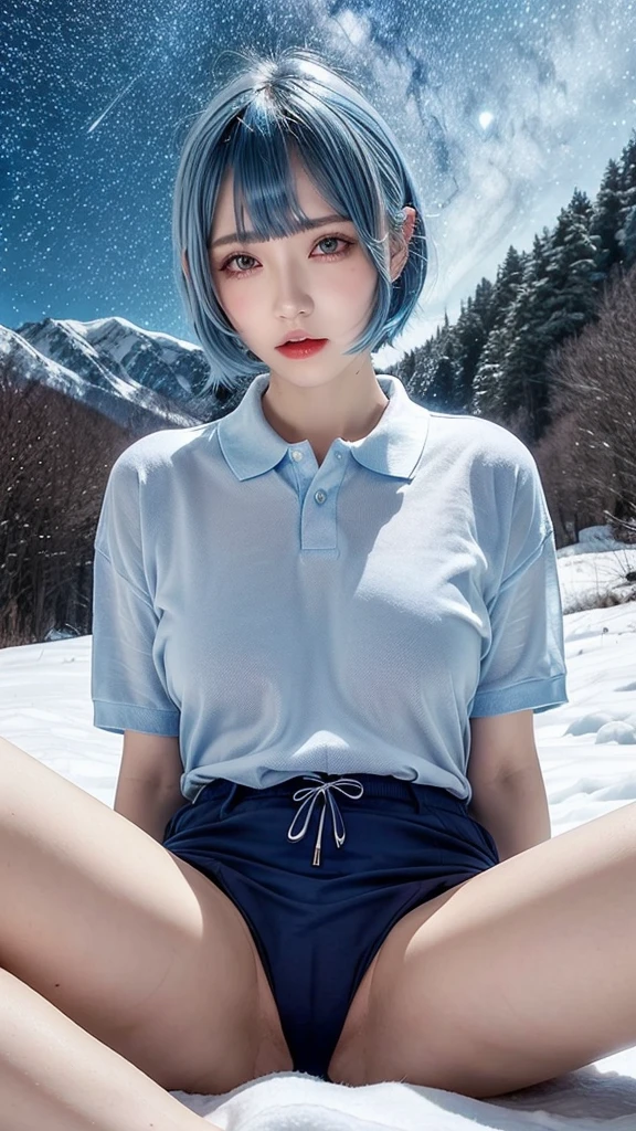 Transparent blue polo shirt、Transparent nipples、Big Tits、Transparent OL polo shirt、Sheer panties、Transparent panties、Snow Mountain、Night Sky、Starry Sky、Pussy line、Bite、Spread your legs、Blue hair