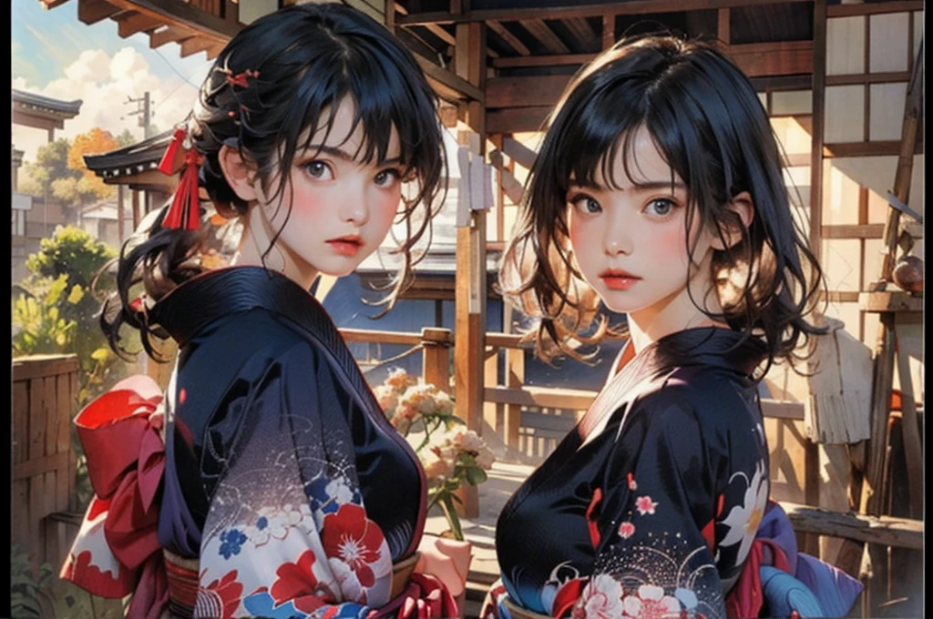 (highest quality、8k、32k、masterpiece)、(masterpiece, up to date,Exceptional:1.2), Anime, One girl,Front hair,black_hair, Beautiful 8k eyes,Looking_in_Audience,One person in,Are standing,((Very beautiful woman, Fuller lips, Japanese pintern kimono))、((Colorful Japanese kimono)))、(((Medium Shot)))、Blunt bung、(High resolution)、Very beautiful face and eyes、1 girl 、Round and small face、Narrow waist、delicine body、(highest quality high detail Rich skin details)、(highest quality、8k、Oil paints:1.2)、Very detailed、(Realistic、Realistic:1.37)、Bright colors、(((blackhair)))、(((longhair)))、(((cowboy pictures)))、((( Inside an old Japanese house)))、(masterpiece, highest quality, highest quality, Official Art, beautifully、aesthetic:1.2), (One girl), Very detailedな,(Fractal Art:1.3),colorful,Most detailed,Sengoku period(High resolution)、Very beautiful face and eyes、1 girl 、Round and small face、Tight waist、Delicine body、(highest quality high detail Rich skin details)、(highest quality、8k、Oil paints:1.2)、(Realistic、Realistic:1.37)、Greg Rutkowski Written by Alphonse Mucha Ropp, sun lips