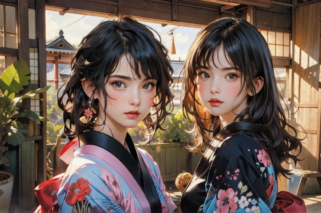 (highest quality、8k、32k、masterpiece)、(masterpiece, up to date,Exceptional:1.2), Anime, One girl,Front hair,black_hair, Beautiful 8k eyes,Looking_in_Audience,One person in,Are standing,((Very beautiful woman, Fuller lips, Japanese pintern kimono))、((Colorful Japanese kimono)))、(((Medium Shot)))、Blunt bung、(High resolution)、Very beautiful face and eyes、1 girl 、Round and small face、Narrow waist、delicine body、(highest quality high detail Rich skin details)、(highest quality、8k、Oil paints:1.2)、Very detailed、(Realistic、Realistic:1.37)、Bright colors、(((blackhair)))、(((longhair)))、(((cowboy pictures)))、((( Inside an old Japanese house)))、(masterpiece, highest quality, highest quality, Official Art, beautifully、aesthetic:1.2), (One girl), Very detailedな,(Fractal Art:1.3),colorful,Most detailed,Sengoku period(High resolution)、Very beautiful face and eyes、1 girl 、Round and small face、Tight waist、Delicine body、(highest quality high detail Rich skin details)、(highest quality、8k、Oil paints:1.2)、(Realistic、Realistic:1.37)、Greg Rutkowski Written by Alphonse Mucha Ropp, sun lips