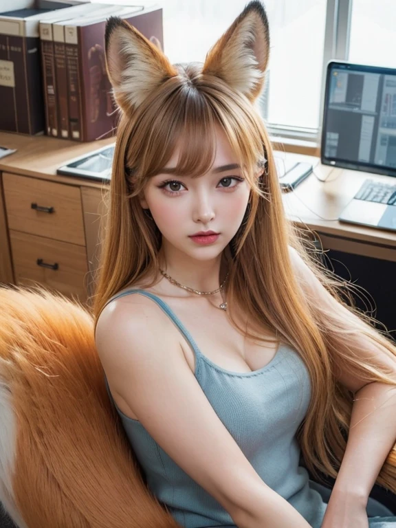 ((Highest quality, 32K)), ((masterpiece)), (Familiar), Perfect Face, Fox Girl, pretty girl, Company Office, Has a tail, She has a fox's tail, She stands up her fluffy tail, Beautiful hip line, Thick thighs, Fur collar, A large tail sticks out, On all fours, Shyly staring at his tail, She only has one tail