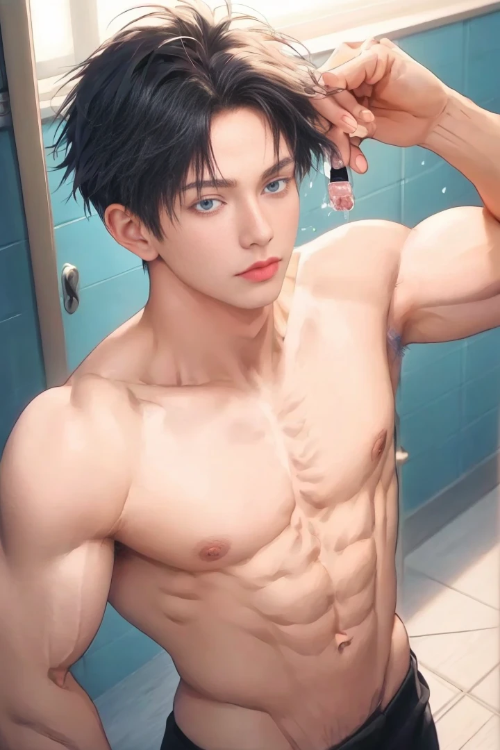 1 male, Japanese male model, high resolution 4k, adult, handsome, perfect face detail, detailed eyes and face, clean shaved, sixpack, white eyebrow hair, white eyelashes,  torso, Detailed face, perfect face, dynamic lighting, Real skin texture, ((Perfect hand details)), ((Real and complete hand details)), unreal engine, hd picture, satoru gojo, Jujutsu kaisen, white hair, short hair ,hair between eyes ,blue eyes, white skin, Hold the 