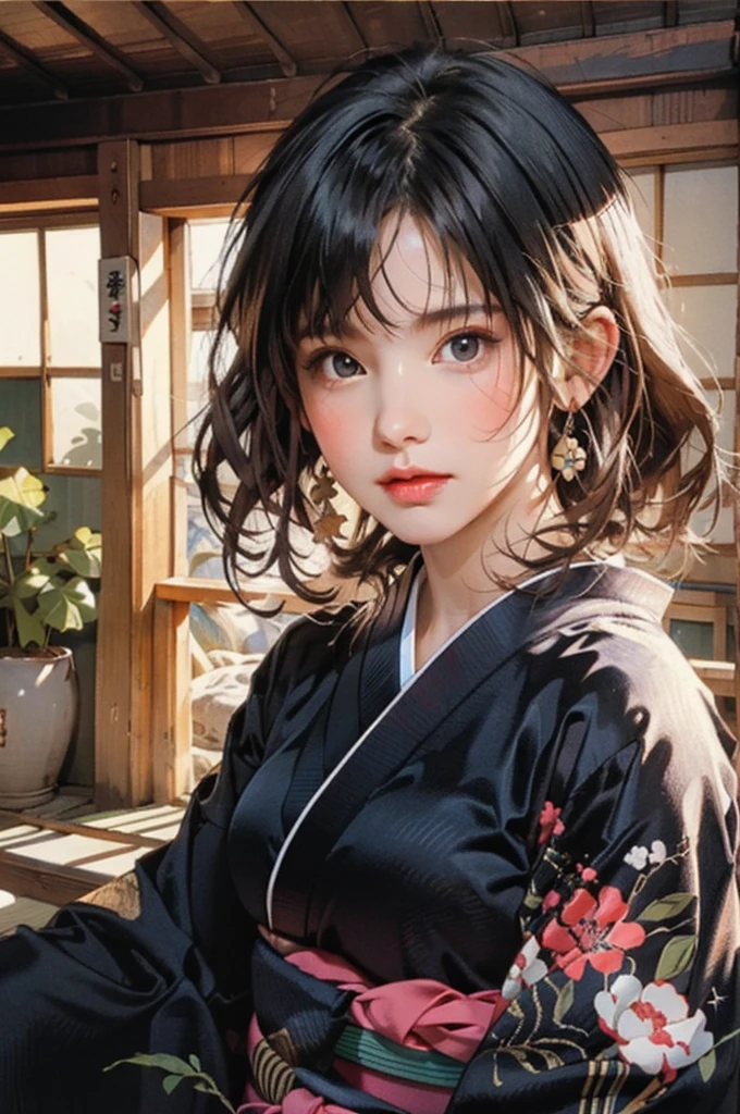 (highest quality、8k、32k、masterpiece)、(masterpiece, up to date,Exceptional:1.2), Anime, One girl,Front hair,black_hair, Beautiful 8k eyes,Looking_in_Audience,One person in,Are standing,((Very beautiful woman, Fuller lips, Japanese pintern kimono))、((Colorful Japanese kimono)))、(((Medium Shot)))、Blunt bung、(High resolution)、Very beautiful face and eyes、1 girl 、Round and small face、Narrow waist、delicine body、(highest quality high detail Rich skin details)、(highest quality、8k、Oil paints:1.2)、Very detailed、(Realistic、Realistic:1.37)、Bright colors、(((blackhair)))、(((longhair)))、(((cowboy pictures)))、((( Inside an old Japanese house)))、(masterpiece, highest quality, highest quality, Official Art, beautifully、aesthetic:1.2), (One girl), Very detailedな,(Fractal Art:1.3),colorful,Most detailed,Sengoku period(High resolution)、Very beautiful face and eyes、1 girl 、Round and small face、Tight waist、Delicine body、(highest quality high detail Rich skin details)、(highest quality、8k、Oil paints:1.2)、(Realistic、Realistic:1.37)、Greg Rutkowski Written by Alphonse Mucha Ropp, sun lips