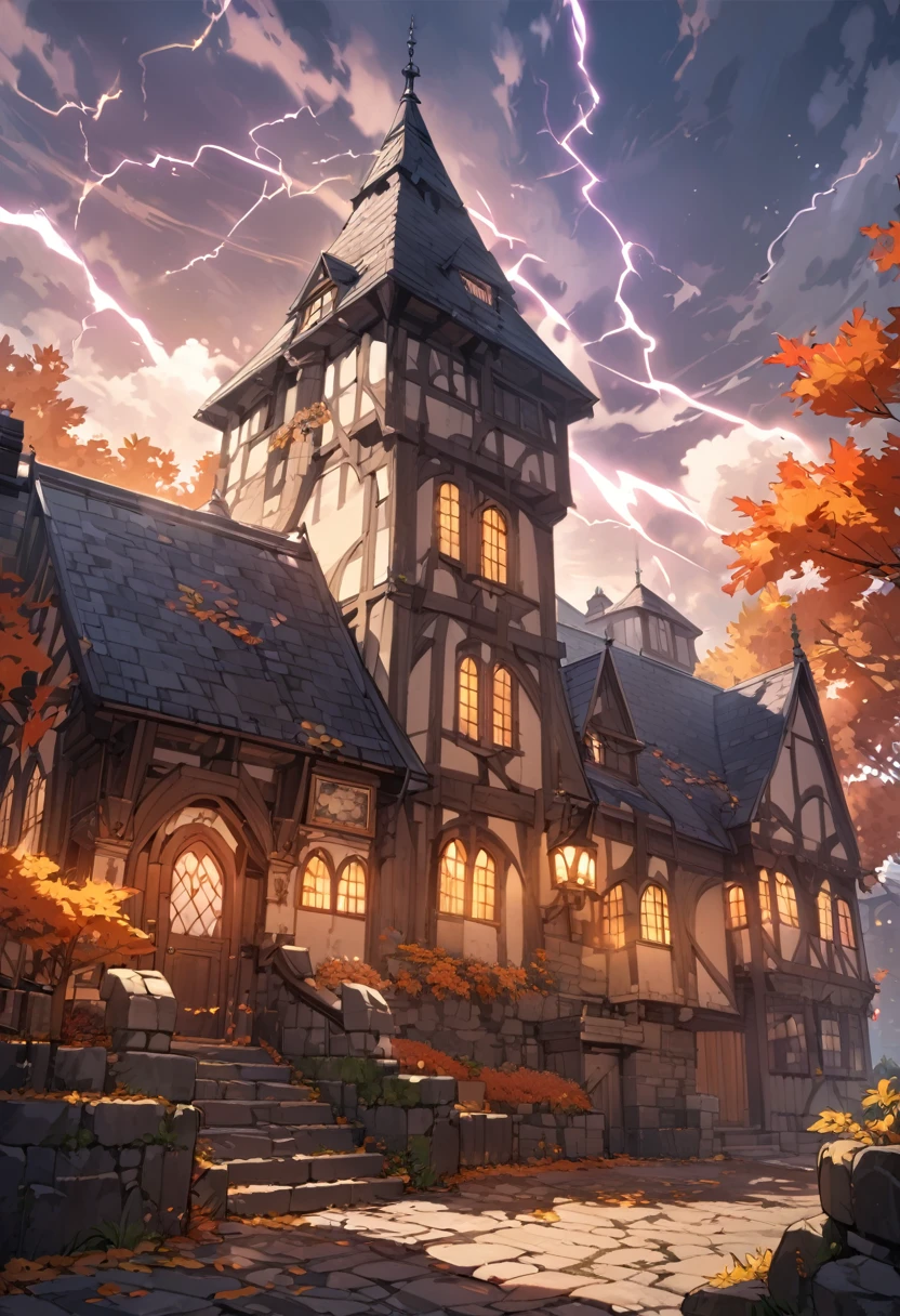 Masterpiece, soft and warm lightning, autumn, beautiful sky. A huge medieval manor with arched window and slate roof. Large tower, stone courtyard