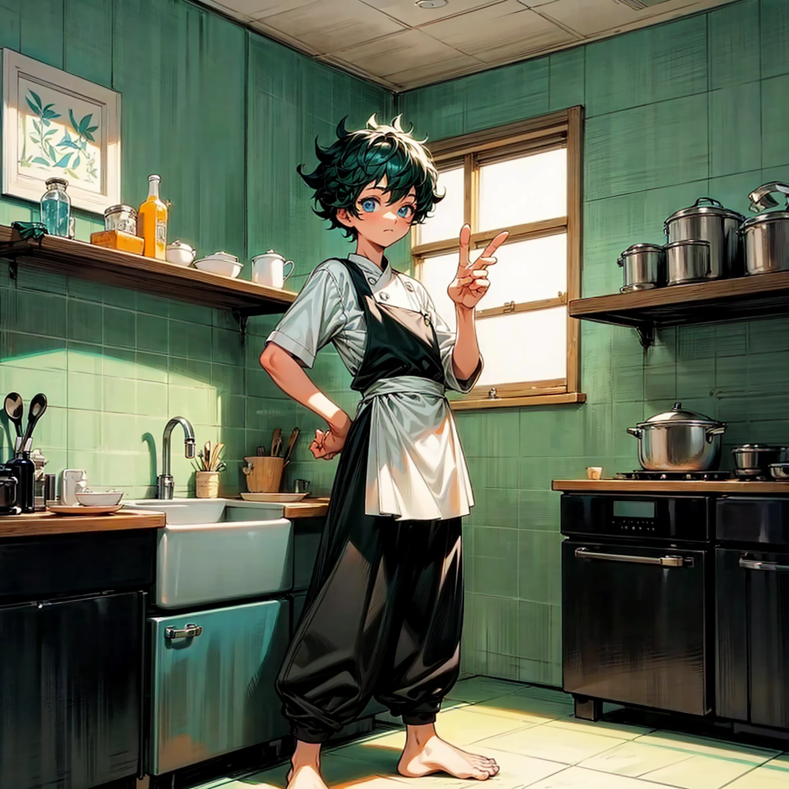 Solo character, full body version, baby ??? boy, his height is short, blue eyes, green half black color hair, short Curly haircut, Chef outfit, black pants, no shoes, no shock, detailed background, indoor, town, kitchen, cooking gesture, bleach style art,