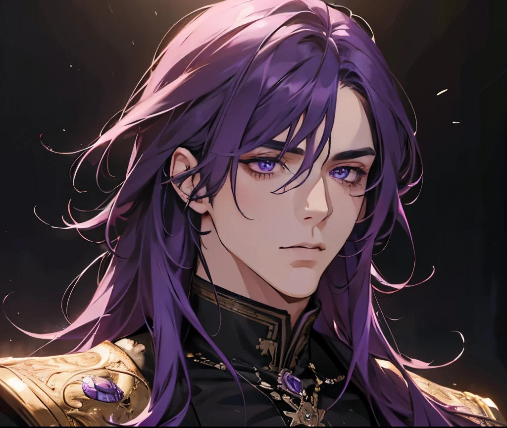a man with medium length purple hair, beautiful detailed purple eyes, detailed facial features, attractive male appearance, fine painting style, ultra-detailed, realistic, best quality, 4k, 8k, highres, masterpiece, ultra-fine painting, physically-based rendering, vivid colors, studio lighting
