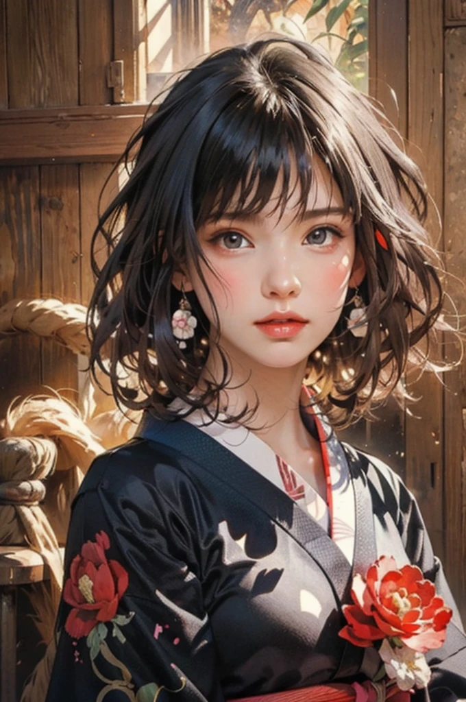 (highest quality、8k、32k、masterpiece)、(masterpiece, up to date,Exceptional:1.2), Anime, One girl,Front hair,black_hair, Beautiful 8k eyes,Looking_in_Audience,One person in,Are standing,((Very beautiful woman, Fuller lips, Japanese pintern kimono))、((Colorful Japanese kimono)))、(((Medium Shot)))、Blunt bung、(High resolution)、Very beautiful face and eyes、1 girl 、Round and small face、Narrow waist、delicine body、(highest quality high detail Rich skin details)、(highest quality、8k、Oil paints:1.2)、Very detailed、(Realistic、Realistic:1.37)、Bright colors、(((blackhair)))、(((longhair)))、(((cowboy pictures)))、((( Inside an old Japanese house)))、(masterpiece, highest quality, highest quality, Official Art, beautifully、aesthetic:1.2), (One girl), Very detailedな,(Fractal Art:1.3),colorful,Most detailed,Sengoku period(High resolution)、Very beautiful face and eyes、1 girl 、Round and small face、Tight waist、Delicine body、(highest quality high detail Rich skin details)、(highest quality、8k、Oil paints:1.2)、(Realistic、Realistic:1.37)、Greg Rutkowski Written by Alphonse Mucha Ropp, sun lips