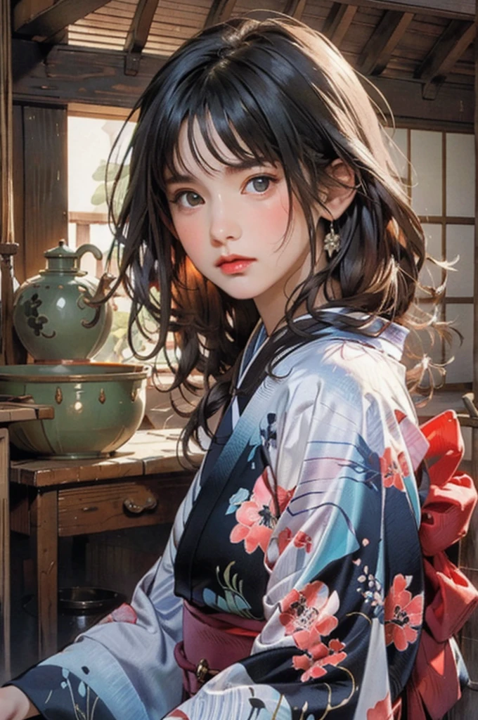 (highest quality、8k、32k、masterpiece)、(masterpiece, up to date,Exceptional:1.2), Anime, One girl,Front hair,black_hair, Beautiful 8k eyes,Looking_in_Audience,One person in,Are standing,((Very beautiful woman, Fuller lips, Japanese pintern kimono))、((Colorful Japanese kimono)))、(((Medium Shot)))、Blunt bung、(High resolution)、Very beautiful face and eyes、1 girl 、Round and small face、Narrow waist、delicine body、(highest quality high detail Rich skin details)、(highest quality、8k、Oil paints:1.2)、Very detailed、(Realistic、Realistic:1.37)、Bright colors、(((blackhair)))、(((longhair)))、(((cowboy pictures)))、((( Inside an old Japanese house)))、(masterpiece, highest quality, highest quality, Official Art, beautifully、aesthetic:1.2), (One girl), Very detailedな,(Fractal Art:1.3),colorful,Most detailed,Sengoku period(High resolution)、Very beautiful face and eyes、1 girl 、Round and small face、Tight waist、Delicine body、(highest quality high detail Rich skin details)、(highest quality、8k、Oil paints:1.2)、(Realistic、Realistic:1.37)、Greg Rutkowski Written by Alphonse Mucha Ropp, sun lips