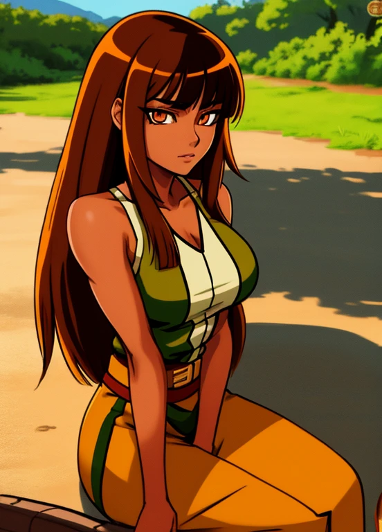 Anime character Brazilian indigenous adult woman, beige dress, brown skin, long hair with bangs, sitting on the riverside, masterpiece, best quality, detailed skin, detailed eyes, orange eyes,8k, good shading, beautiful strokes, detailed background, good anatomy
