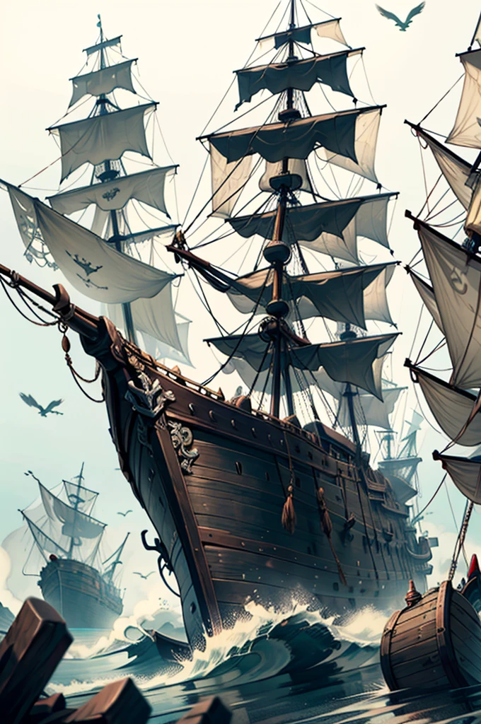 Pirate War，Ink style, ghost ship, pirate ship