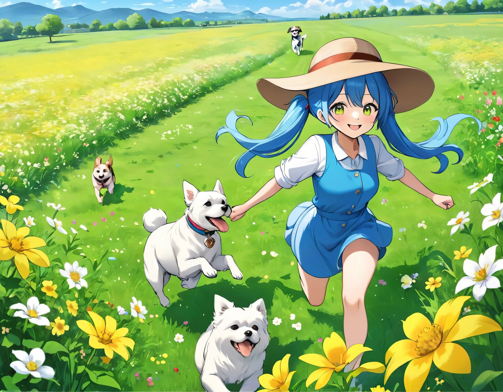 Light blue long hair、beautiful girl with twin tails、Bright smile、The girl in the hat is running with her dog through a green field full of flowers.。Many dogs are also running happily with me.、Large in the center、