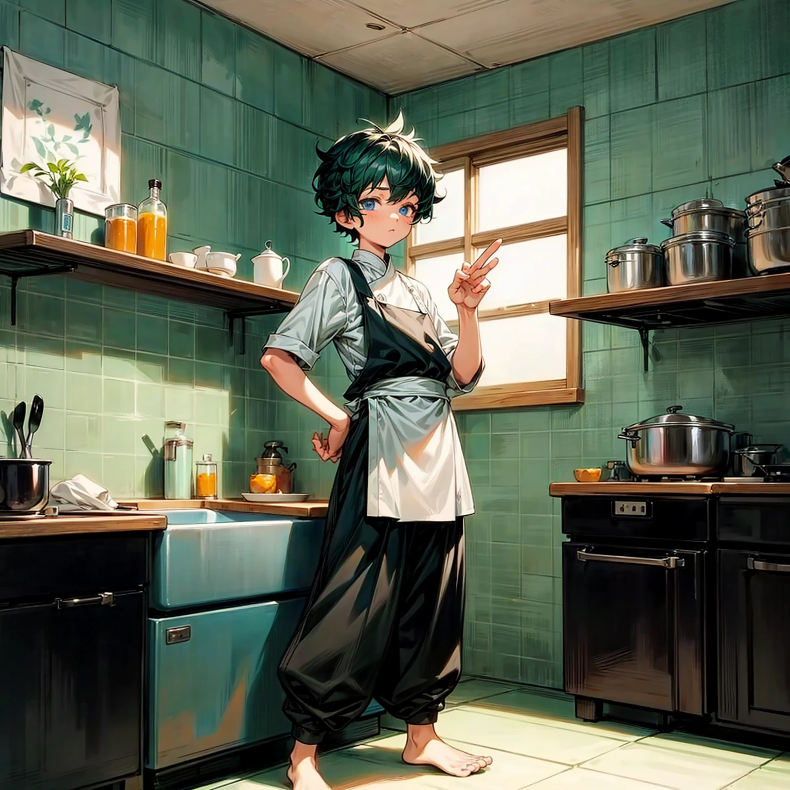 Solo character, full body version, baby kid boy, his height is short, blue eyes, green half black color hair, short Curly haircut, Chef outfit, black pants, no shoes, no shock, detailed background, indoor, town, kitchen, cooking gesture, bleach style art,