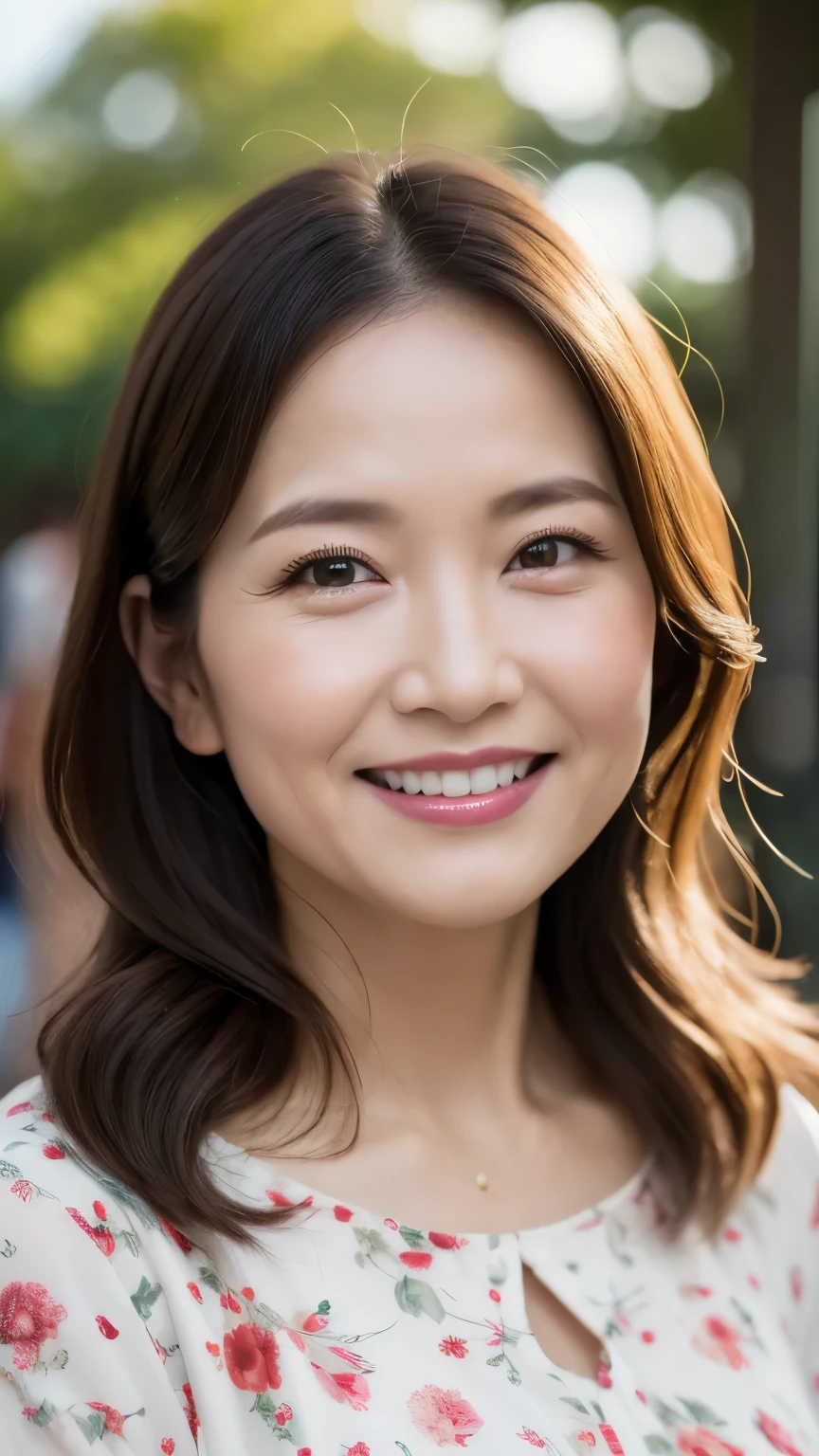 最high quality, In 8K, whole body, Real, Upper Body, high quality, High resolution, Detailed face, Detailed eyes, Thick lips, (Look at the viewers), alone, Middle-aged women, , 60 years old, , Wavy Hair, , Wearing short sleeves, Standing in the park, Wrinkles around the eyes, Smiling with teeth showing, Background Blur