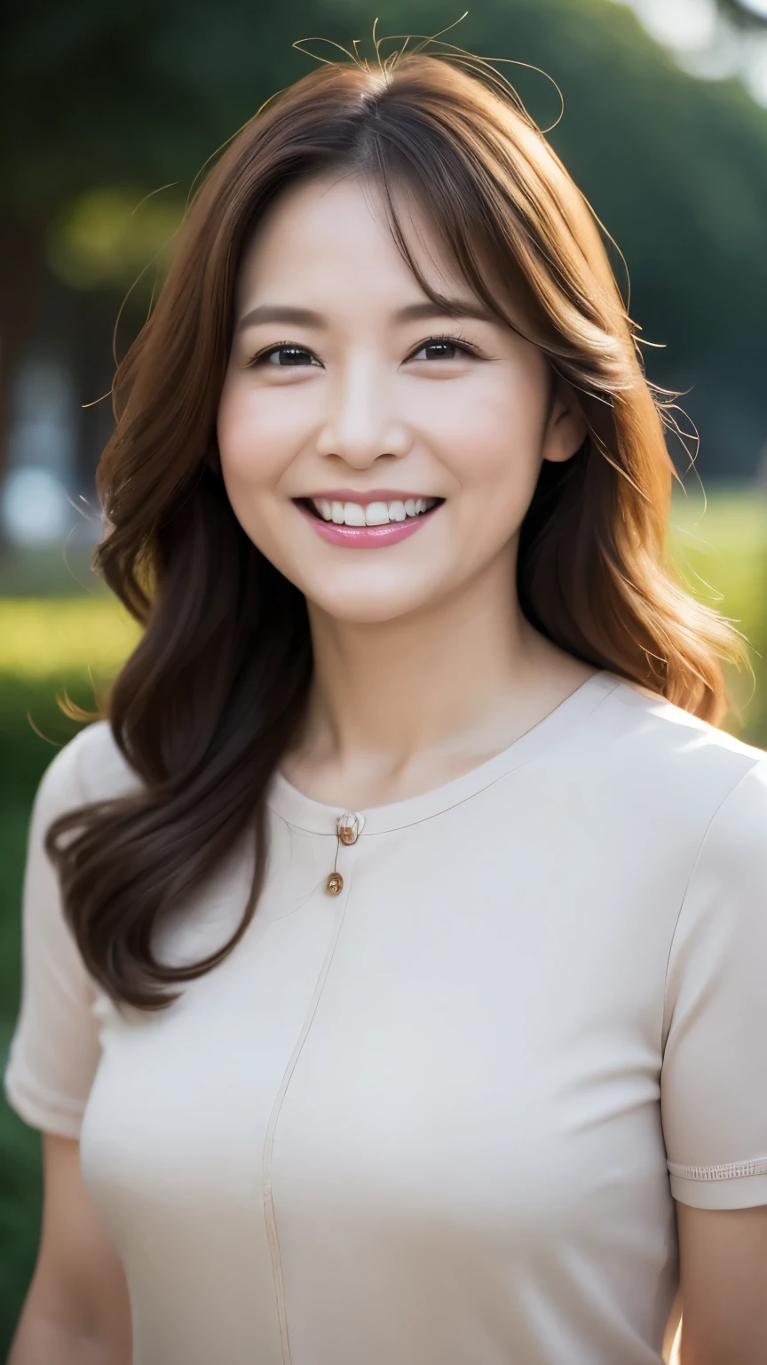 最high quality, In 8K, whole body, Real, Upper Body, high quality, High resolution, Detailed face, Detailed eyes, Thick lips, (Look at the viewers), alone, Middle-aged women, , 60 years old, , Wavy Hair, , Wearing short sleeves, Standing in the park, Wrinkles around the eyes, Smiling with teeth showing, Background Blur