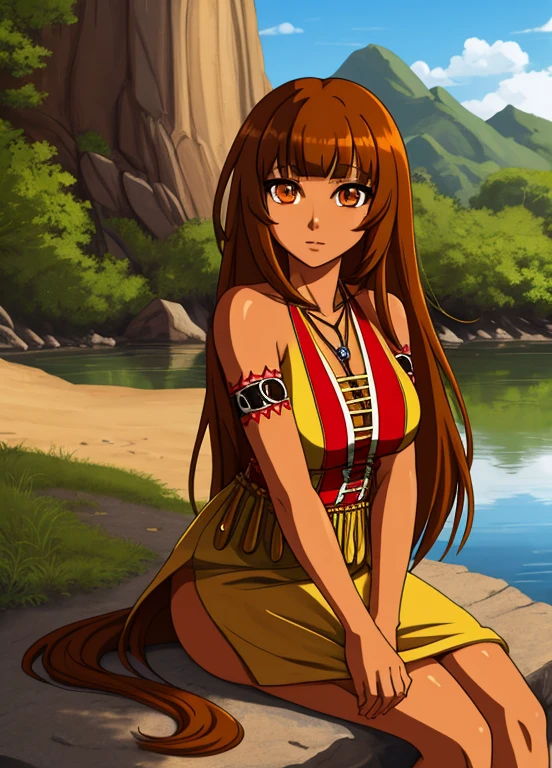 Anime character Brazilian indigenous adult woman, beige dress, brown skin, long hair with bangs, sitting on the riverside, masterpiece, best quality, detailed skin, detailed eyes, orange eyes,8k, good shading, beautiful strokes, detailed background, good anatomy
