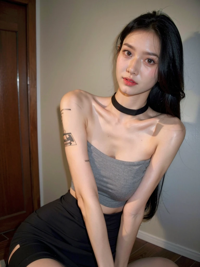 best quality, ultra high res, (photorealistic:1.4), pretty girl, strapless tanktop bra black shirt, black tight skirt, black choker, (faded ash gray hair:1), medium breasts, looking at viewer, closeup, (pretty face) , southeast asia girl. 