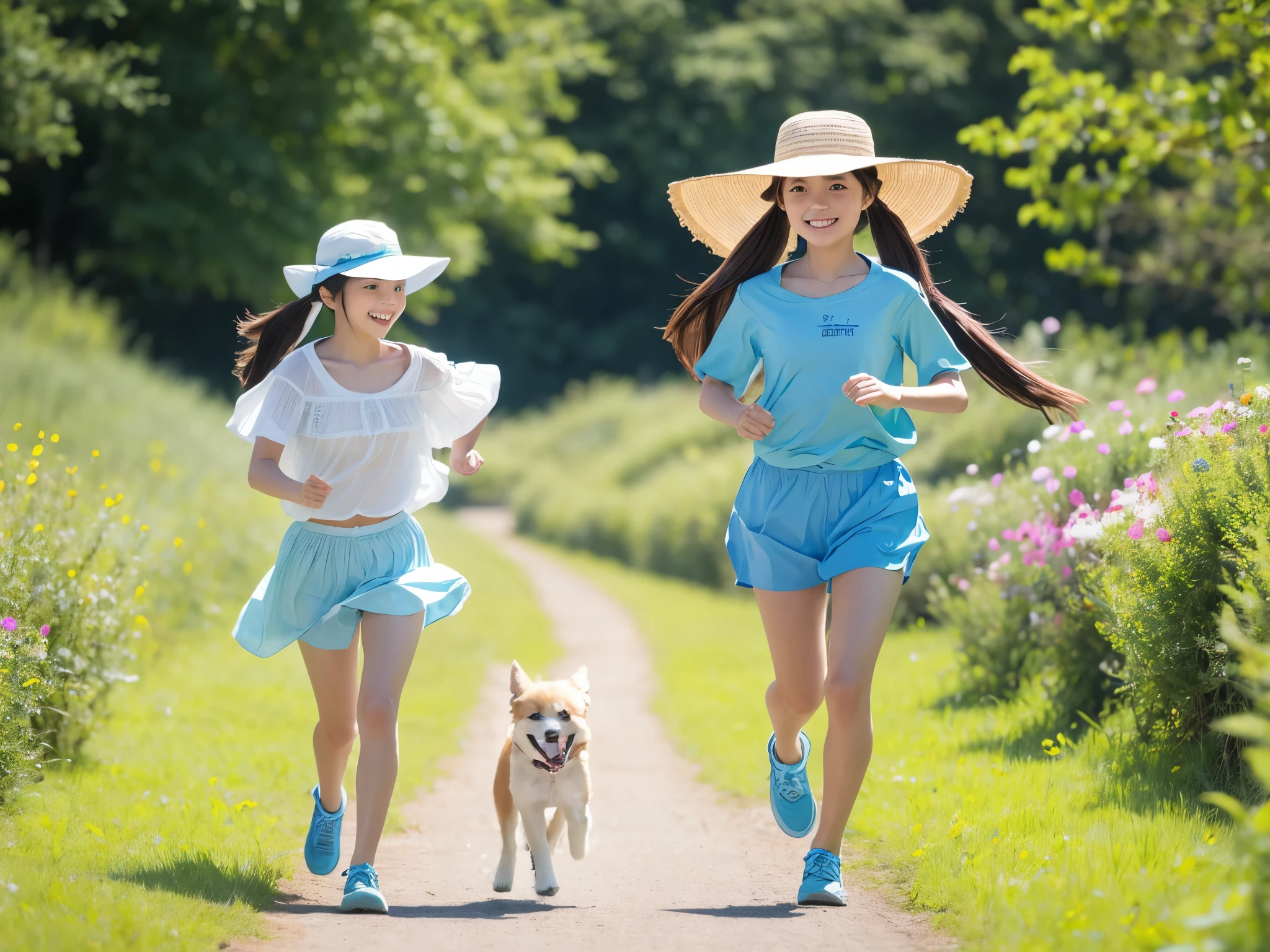 Light blue long hair、beautiful girl with twin tails、Bright smile、Wear a hat, A girl is running with her dog through a green field full of flowers。Many dogs are also running happily with me.。.、Large in the center、Looking into the camera、
