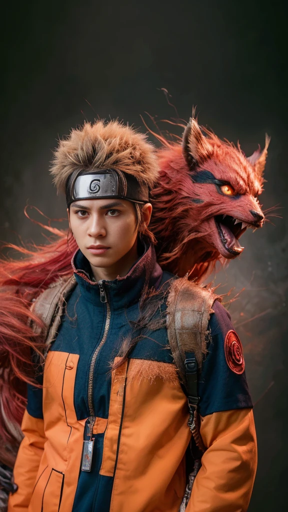 Create a hyper-realistic live-action depiction of Naruto Uzumaki from 'Naruto Shippuden,' portrayed as a young man with spiky blonde hair, transforming into his two-tailed Kyubi form. Naruto should be dressed in a rugged, lifelike version of his orange and blue ninja outfit, including a functional forehead protector. His appearance should show him mid-transformation, with two Kyubi tails emerging, and his body enveloped in a red chakra cloak that mimics the Kyubi’s aura. The red chakra should be depicted as a semi-transparent, fiery energy surrounding him, with detailed textures and lighting to make it appear lifelike. Focus on hyper-realistic textures for his skin, hair, and clothing, as well as the chakra cloak. Adjust the lighting and shadows to highlight the intensity of the transformation, with glowing red reflections cast on his surroundings. The background should feature a realistic, detailed landscape, possibly a forest or a battle setting, with realistic depth and perspective. Integrate realistic elements such as dynamic poses and lifelike details to avoid a 3D appearance. Apply subtle color adjustments and texture enhancements to make the scene look like a live-action photograph, blending all elements seamlessly."**