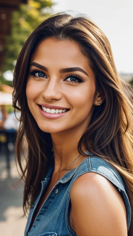 lhr piercing eyes, looking straight, very happy, retrato em close, vibrant detailed face and body realistic photo high contrast casual clothing cafe outdoor sunny day natural makeup candid pose friendly smile natural light wind in hair scenic background