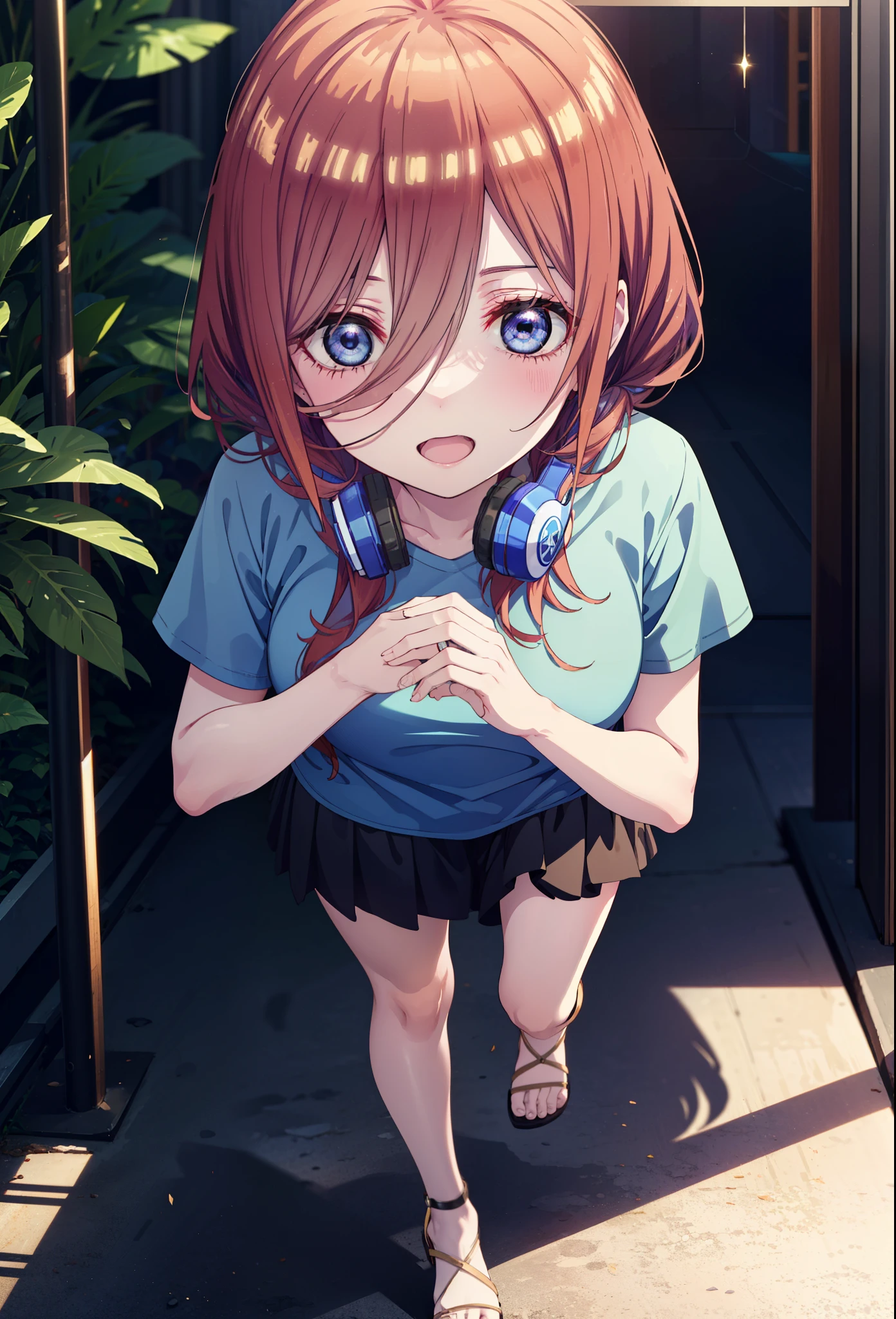 Miku Nakano, miku nakano, Long Hair, bangs, blue eyes, Brown Hair, shirt, Hair between the eyes, Headphones around neck,happy smile, smile, Open your mouth,オーバサイズワtンショルダーshirt,Short sleeve,mini skirt,Heeled Sandals,Walking,morning,morning陽,Clear skies,Palm tree,whole bodyがイラストに入るように,
break outdoors, tropical,Building district,
break looking at viewer,whole body, 
break (masterpiece:1.2), Highest quality, High resolution, unity 8k wallpaper, (figure:0.8), (Beautiful attention to detail:1.6), Highly detailed face, Perfect lighting, Highly detailed CG, (Perfect hands, Perfect Anatomy),