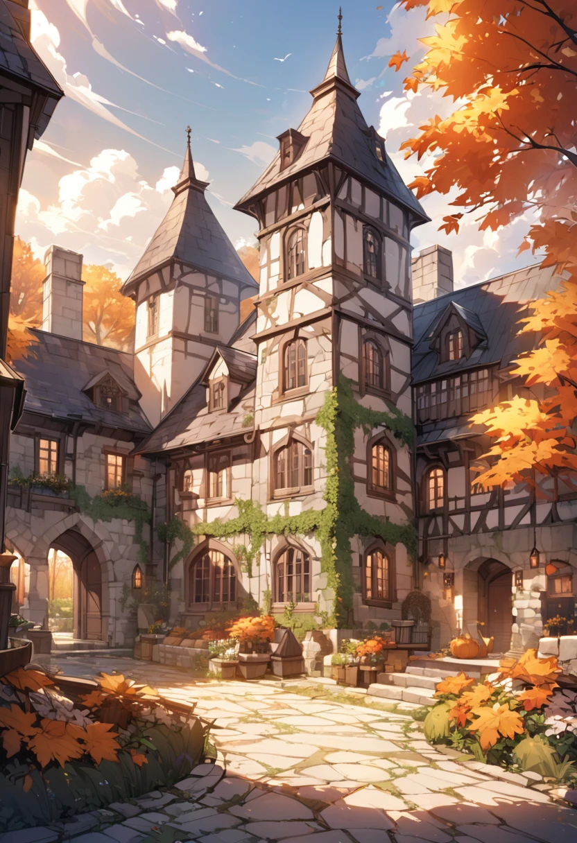 Masterpiece, soft and warm light, autumn, beautiful sky. A huge medieval manor with arched window and slate roof. Large tower on the side, stone courtyard, white stone, lush garden