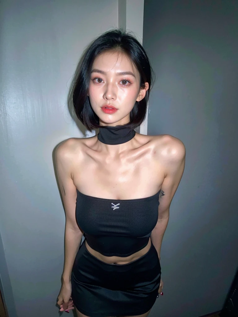 best quality, ultra high res, (photorealistic:1.4), pretty girl, strapless tanktop bra black shirt, black tight skirt, black choker, (faded ash gray hair:1), medium breasts, looking at viewer, closeup, (pretty face) , southeast asia girl. 