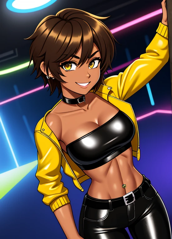 high quality, extremely detailed, perfect face, 1girl, solo, 26 years old, tomboy, (shiny skin), midriff, (tan-bronze skin), (Yellow colored irises), short brown hair, medium breasts, (Cleavage), (Wearing: blue jacket, choker, Strapless black top, Belt, Black shiny leather pants), tight fitting clothing, piercings, toned, hourglass figure, athletic, snarky expression, wide smile, at rave, nightclub,
