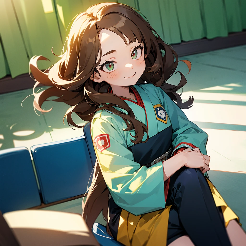 Screenshot of My Hero Academia .
Japanese girl with long brown curly hair, with bangs.
He has green left eyes and blue right eyes and has a happy expression.. She is wearing the UA uniform and in the background she has a UA school class and she is sitting in a chair talking to hawks.