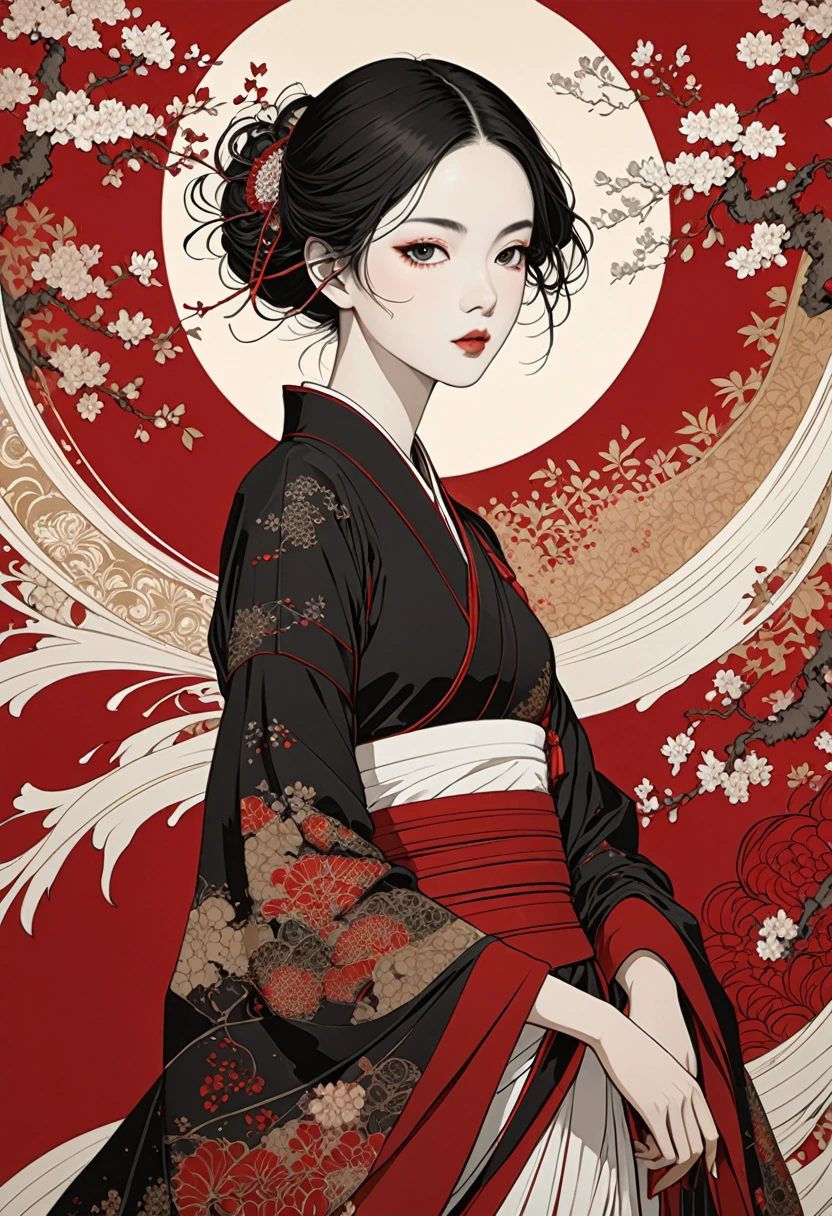 Extremely skinny slender girl,The exaggerated and deformed human body is full of India luxury and sexual metaphors,and the colors are insolent and dazzling,full of Japanese style,harmonious and multiple Buddhist atmosphere,Clear lines,(illustration:1.3),Unique,weird,gorgeous and classical painting style,by Aya Kato,by Aubrey Beardsley,Classicism,Decorativeism,1girl,masterpiece,best quality,Takato Yamamoto style,by Chiharu Shiota,Texture,Axis Shift Lens,Migration,Dynamic Composition,Bang Haisu,Luo Erchun,Dark Magic,line art,intricate abstract background,fractal art,official art,