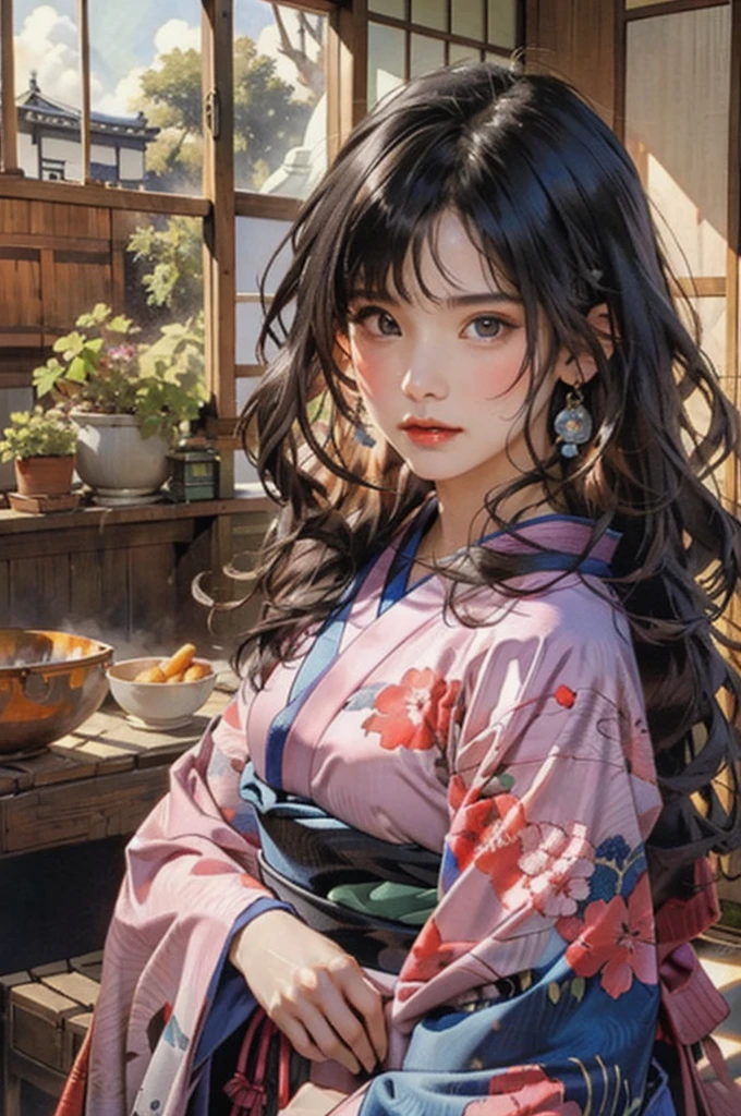 (highest quality、8k、32k、masterpiece)、(masterpiece, up to date,Exceptional:1.2), Anime, One girl,Front hair,black_hair, Beautiful 8k eyes,Looking_in_Audience,One person in,Are standing,((Very beautiful woman, Fuller lips, Japanese pintern kimono))、((Colorful Japanese kimono)))、(((Medium Shot)))、Blunt bung、(High resolution)、Very beautiful face and eyes、1 girl 、Round and small face、Narrow waist、delicine body、(highest quality high detail Rich skin details)、(highest quality、8k、Oil paints:1.2)、Very detailed、(Realistic、Realistic:1.37)、Bright colors、(((blackhair)))、(((longhair)))、(((cowboy pictures)))、((( Inside an old Japanese house)))、(masterpiece, highest quality, highest quality, Official Art, beautifully、aesthetic:1.2), (One girl), Very detailedな,(Fractal Art:1.3),colorful,Most detailed,Sengoku period(High resolution)、Very beautiful face and eyes、1 girl 、Round and small face、Tight waist、Delicine body、(highest quality high detail Rich skin details)、(highest quality、8k、Oil paints:1.2)、(Realistic、Realistic:1.37)、Greg Rutkowski Written by Alphonse Mucha Ropp, sun lips