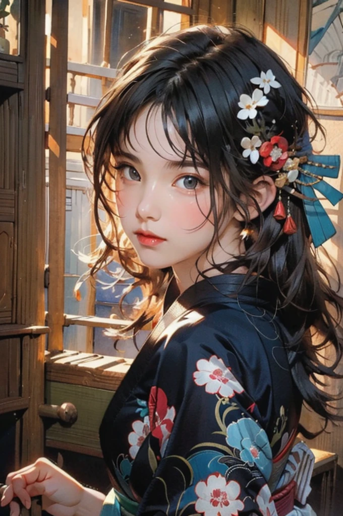 (highest quality、8k、32k、masterpiece)、(masterpiece, up to date,Exceptional:1.2), Anime, One girl,Front hair,black_hair, Beautiful 8k eyes,Looking_in_Audience,One person in,Are standing,((Very beautiful woman, Fuller lips, Japanese pintern kimono))、((Colorful Japanese kimono)))、(((Medium Shot)))、Blunt bung、(High resolution)、Very beautiful face and eyes、1 girl 、Round and small face、Narrow waist、delicine body、(highest quality high detail Rich skin details)、(highest quality、8k、Oil paints:1.2)、Very detailed、(Realistic、Realistic:1.37)、Bright colors、(((blackhair)))、(((longhair)))、(((cowboy pictures)))、((( Inside an old Japanese house)))、(masterpiece, highest quality, highest quality, Official Art, beautifully、aesthetic:1.2), (One girl), Very detailedな,(Fractal Art:1.3),colorful,Most detailed,Sengoku period(High resolution)、Very beautiful face and eyes、1 girl 、Round and small face、Tight waist、Delicine body、(highest quality high detail Rich skin details)、(highest quality、8k、Oil paints:1.2)、(Realistic、Realistic:1.37)、Greg Rutkowski Written by Alphonse Mucha Ropp, sun lips