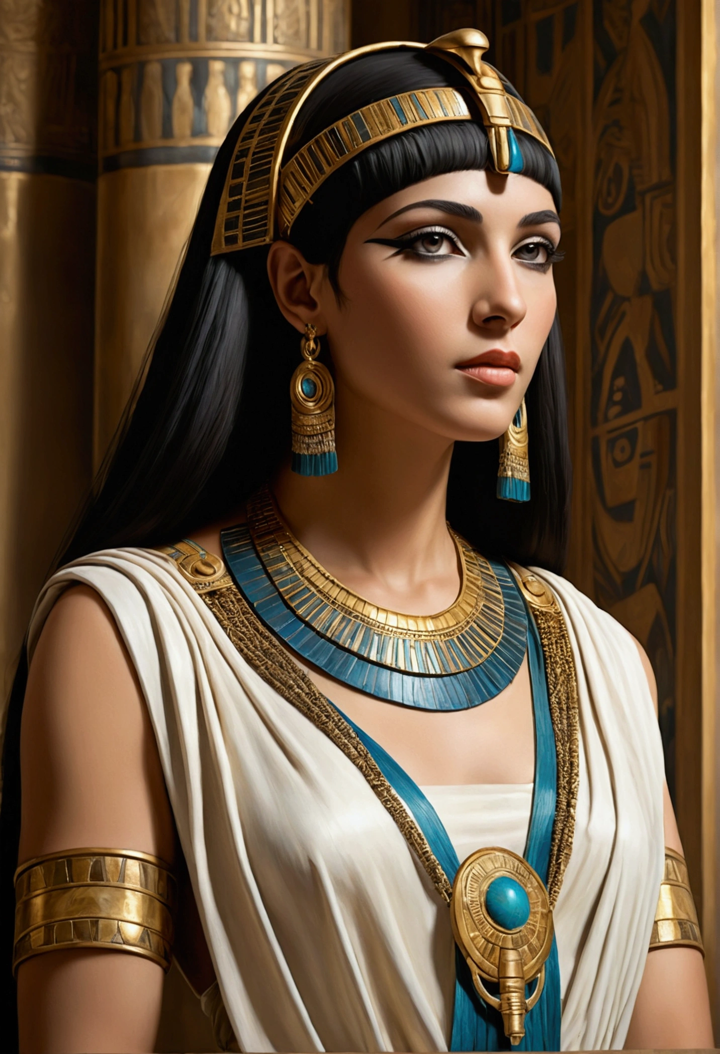 A classical painting-style image of Cleopatra, highlighting her elegance and charm, with subtle, tasteful artistic elements representing her allure."
