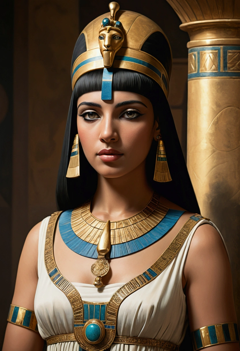 A classical painting-style image of Cleopatra, highlighting her elegance and charm, with subtle, tasteful artistic elements representing her allure."