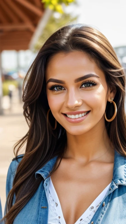 lhr piercing eyes, looking straight, very happy, retrato em close, vibrant detailed face and body realistic photo high contrast casual clothing cafe outdoor sunny day natural makeup candid pose friendly smile natural light wind in hair scenic background