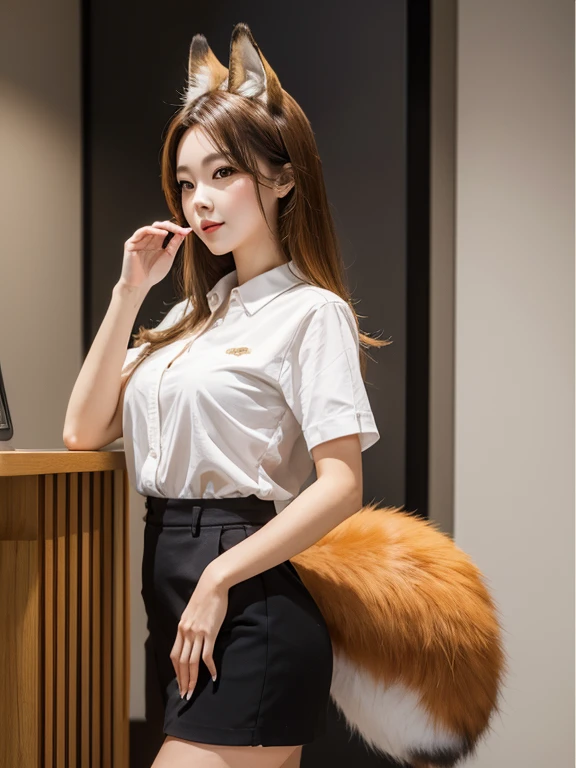 ((Highest quality, 32K)), ((masterpiece)), (Familiar), Perfect Face, Fox Girl, pretty girl, Company Office, Has a tail, She has a fox's tail, She stands up her fluffy tail, Beautiful hip line, Thick thighs, Fur collar, A large tail sticks out, On all fours, Shyly staring at his tail, She only has one tail