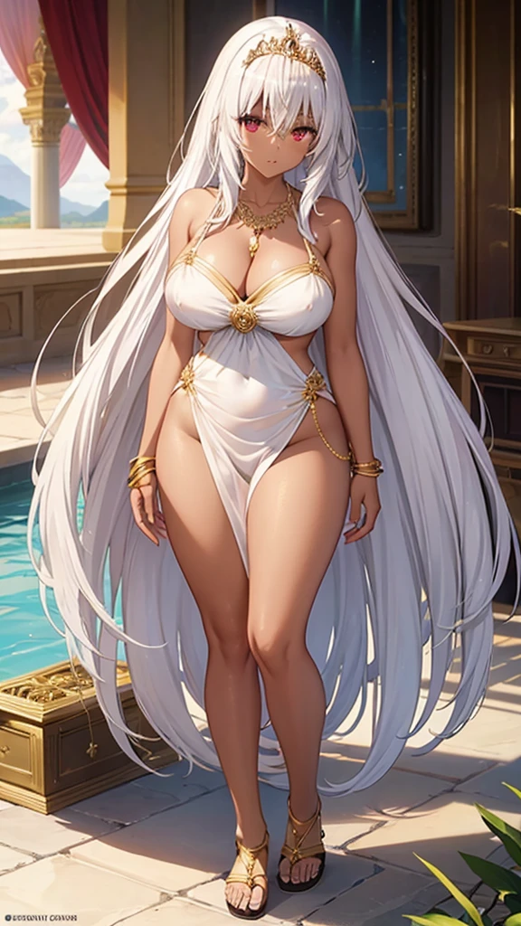 Adult woman with long white hair, dark skin, huge breasts and red eyes,Bare arms,gold tiara,necklace,Gold ornaments,White silk clothing,Bare Legs,sandals,Standing,White Rose,desert,River Water